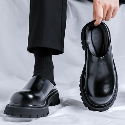 Carbon Black Derby Shoes Round Head Leather Shoes Men's Versatile Platform Men's Fashion Trend Half-drag Leather Shoes Casual 3205-R