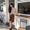 Feiyuan Women's Retro Plaid Wool Midi Skirt with Belt - Stylish Korean Pencil Skirt for Early Spring
