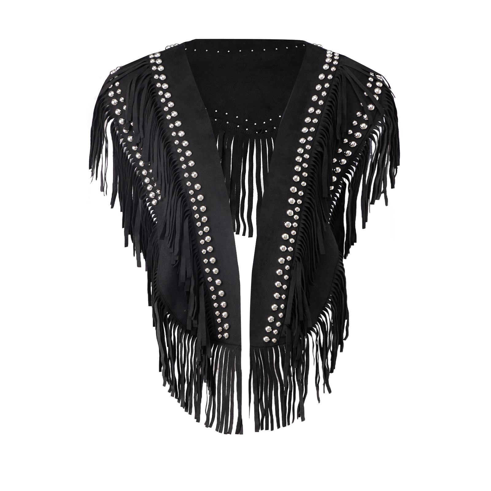 

Women s Studded Suede Vest 70s Hippie Outfit Sleeveless Open Front Tassel Vest Collar One Size