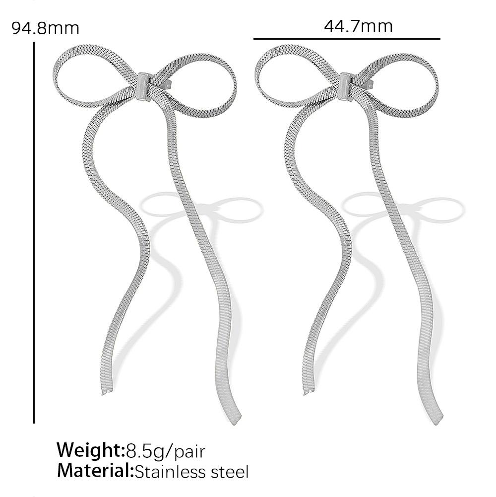 Long tassel bow earrings titanium steel gold-plated chain bow pendant earrings niche design