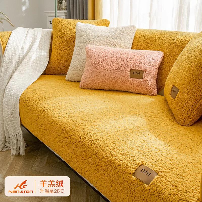 Lamb Plush Sofa Cushion Winter Warm Thickening Non-Slip Living Room Sofa Cover Cloth Universal Leather Sofa Recliner Cover