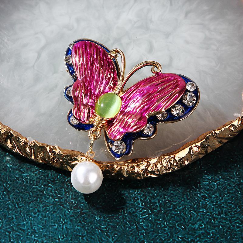 Kleiner frischer emaillierter Schmetterlingsanhänger mit Öltropfen, zweilagig, Brosche mit Katzenaugenstein, Legierung, Strass, Damenbrosche, Schmuck