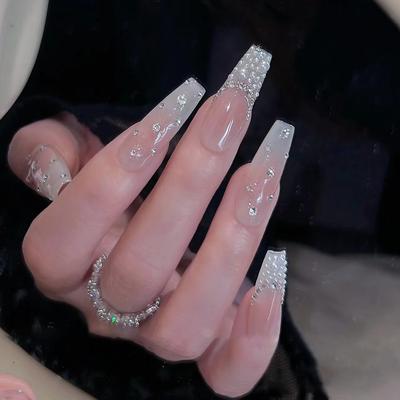 Nošení nehtových dílků Čistě ručně vyráběná manikúra v barvě nude blush Po celém nebi Hvězdná obloha a Bílé nálepky na umělé nehty Manikúra Hotové produkty