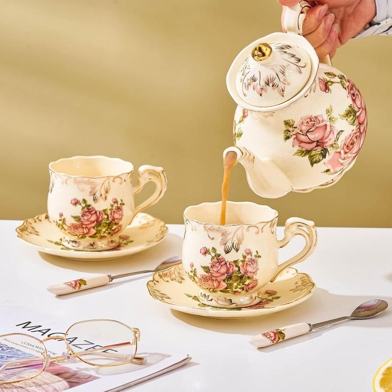 European Porcelain Tea Cups and Saucers Set, Vintage Floral Tea Cups Set, Ivory Gold Trim Floral Coffee Cups Set 8 Ounce