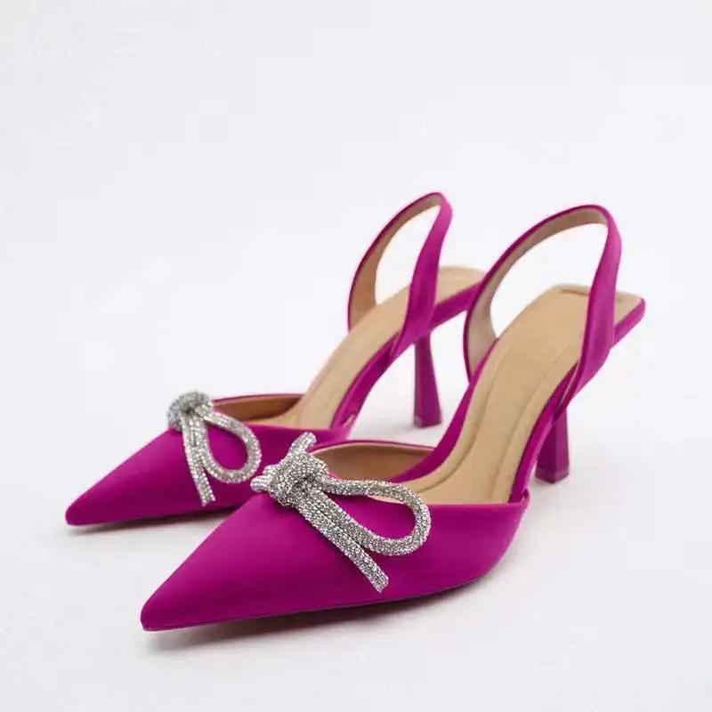 Women Blue Slingback Pumps High Heels Crystal Bowknot Party Dress Shoes Woman Sexy Pointed Toe Stiletto Heel Sandals Summer 2025