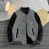 Giacca Autunnale Uomo Uniforme da Baseball Larga Scacchi Bianco e Nero Colori a Contrasto alla Moda Versatile Casual Versione Coreana Giacca