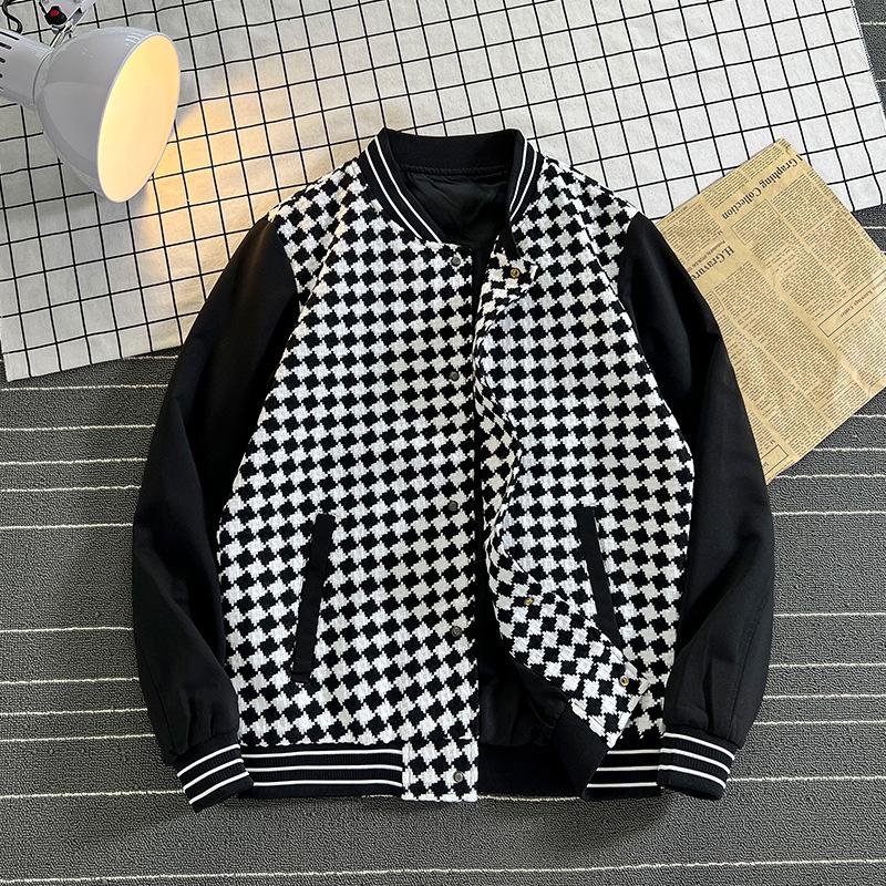 Giacca Autunnale Uomo Uniforme da Baseball Larga Scacchi Bianco e Nero Colori a Contrasto alla Moda Versatile Casual Versione Coreana Giacca