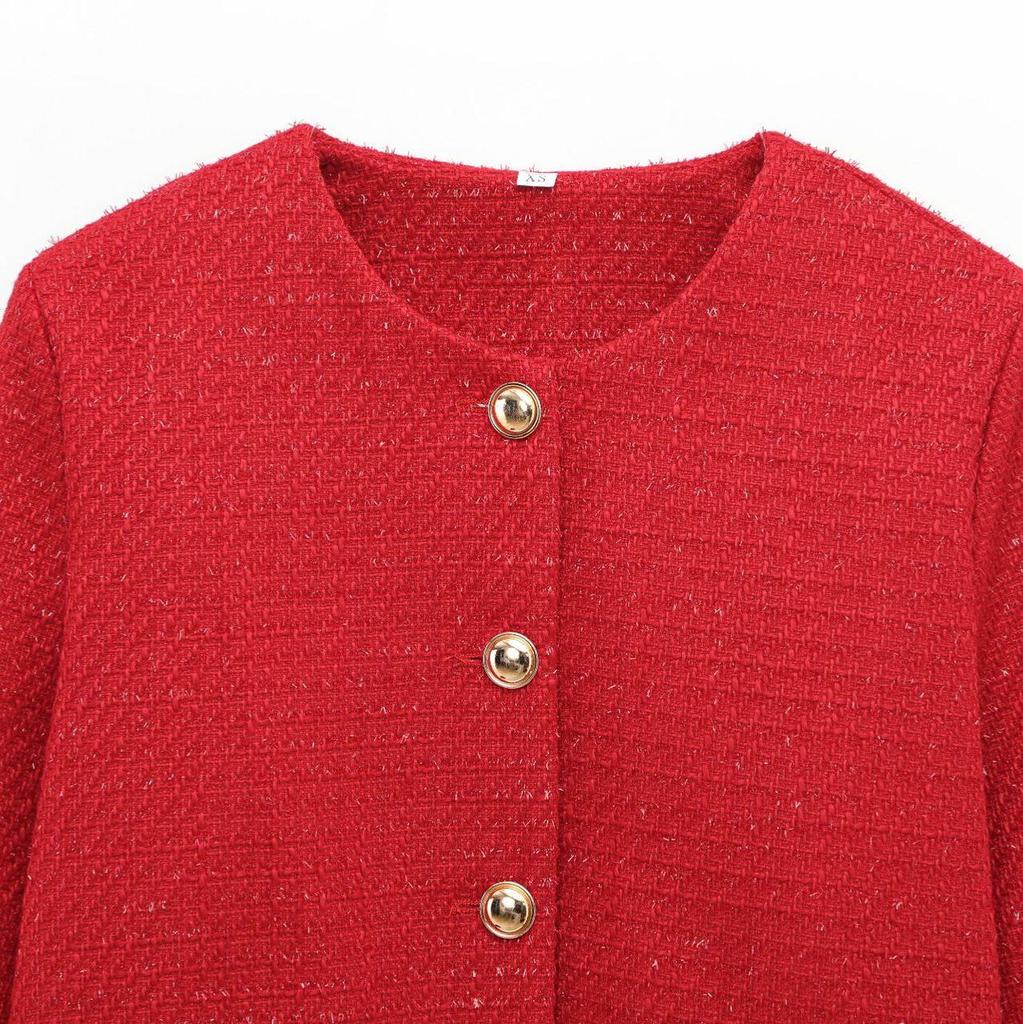 Dámská móda jaro 2025: Evropské a americké všestranné texturované sako ve francouzském stylu s knoflíkovou dekorací