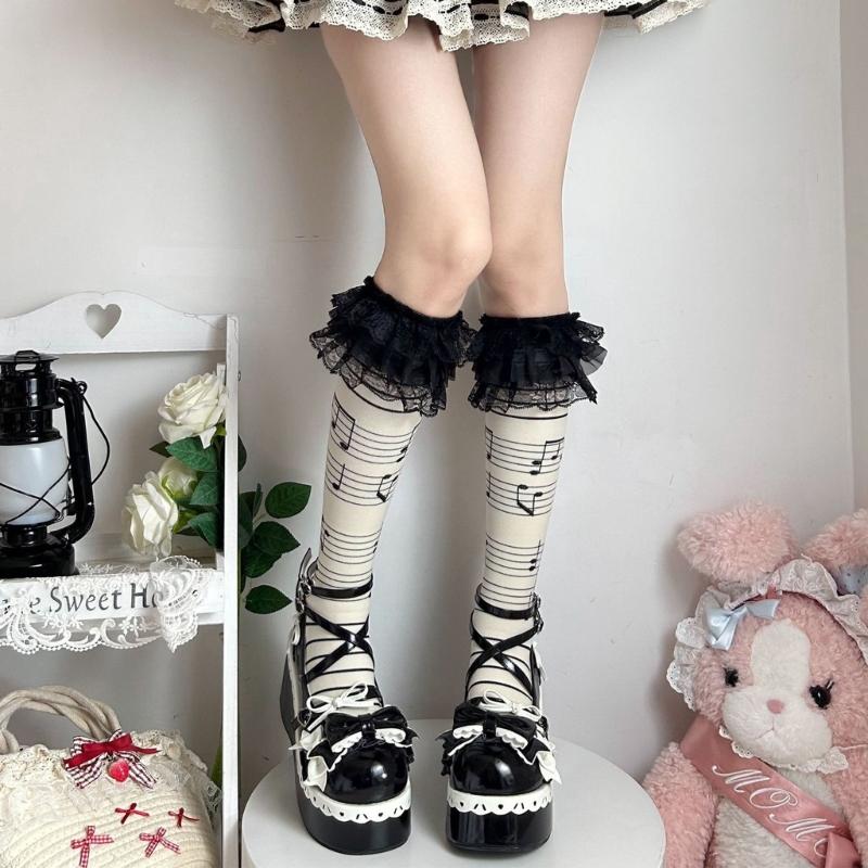 Cotton Knee Length Socks for Women Ruffle Lace Top Grunge Skull Music Note Print Stockings for Dance and Everyday Use