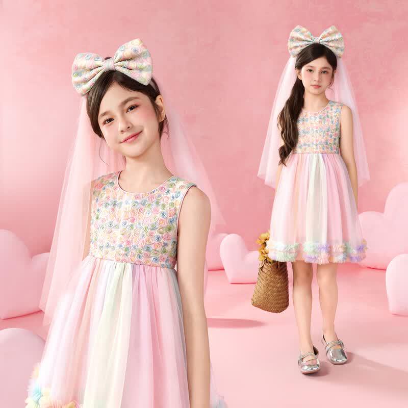 Girls Sweet Summer Sleeveless Princess Mesh Lace Dress 110cm светло-розовый