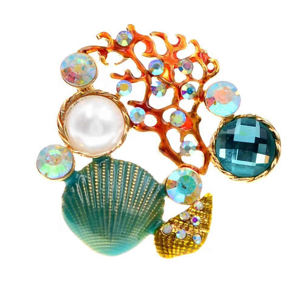 Korean Marine Life Brooch: Starfish & Shell Pin with Metal, Diamond, & Pearl Accents