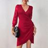 Damen V-Ausschnitt Langarm Spitze Patchwork Bodycon Hohe Taille Elegant Wickel Mini Kleid