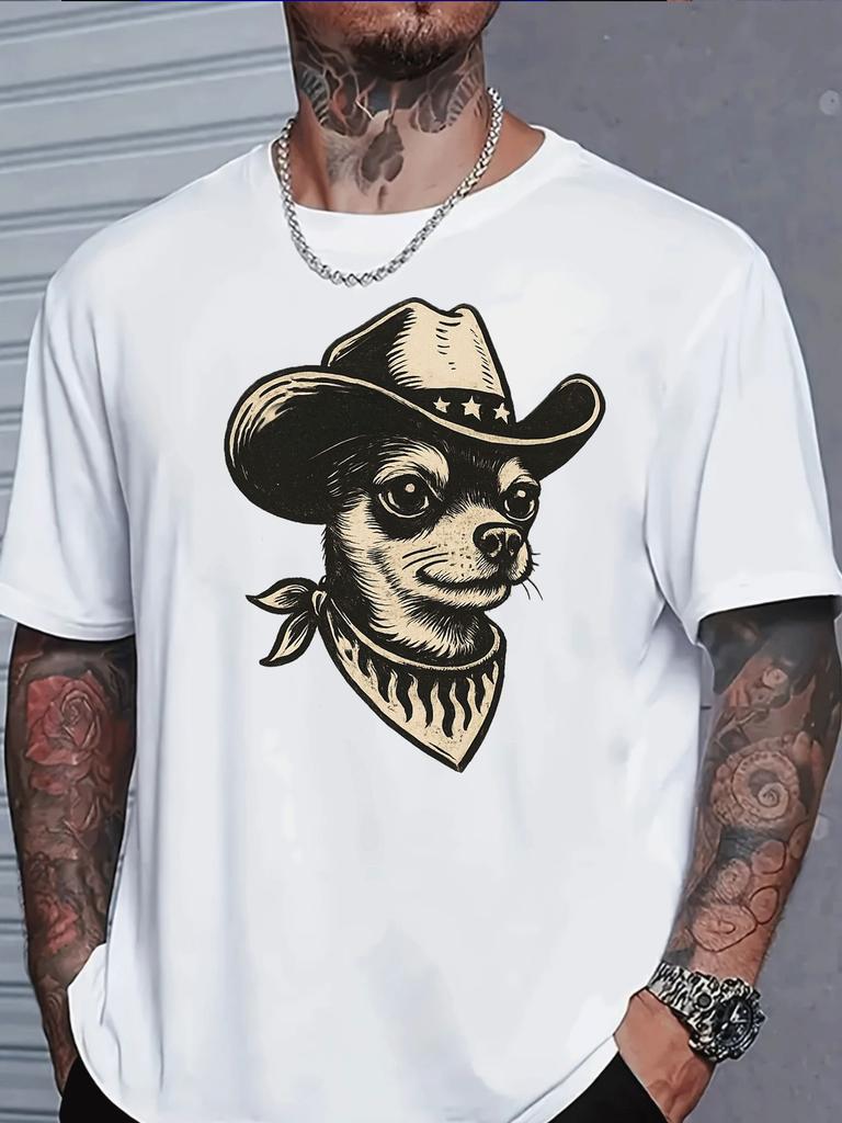 Blue Mens Summer Tee Retro Cowboy Chihuahua Dog Print Soft Loose Western Casual Street Top For Trendy Male Daily Outfit