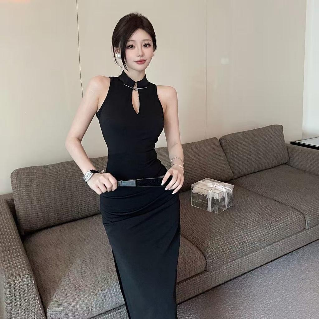 Improved imperial sister evening dress slim dress black retro split slim Chinese cheongsam dress