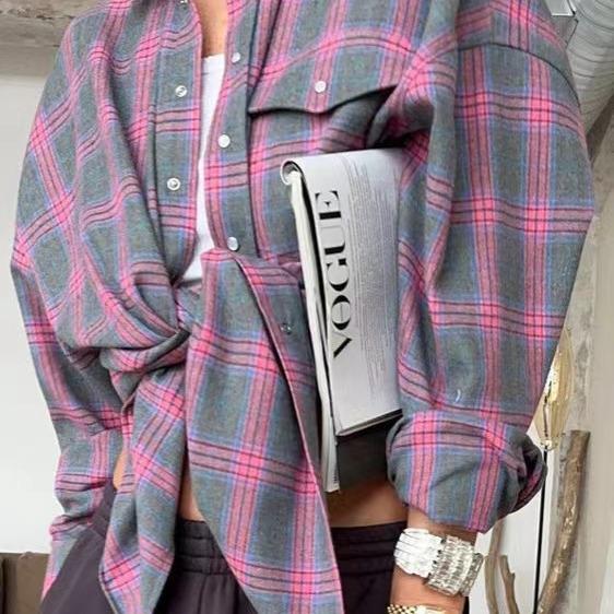2024 Retro Plaid Loose Shirt: Fashionable Spring/Autumn Style for Women