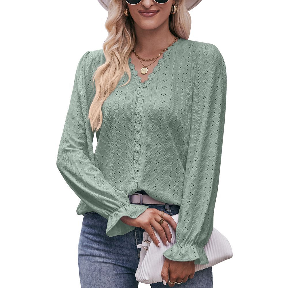 Spring and Autumn Women's Solid Colour Hole Lace V-Neck Long Sleeve Top