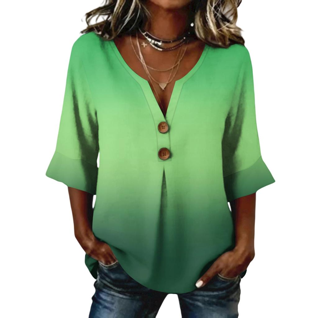 Ladies' gradient printed button casual V-neck fashionable seven quarter sleeve top
