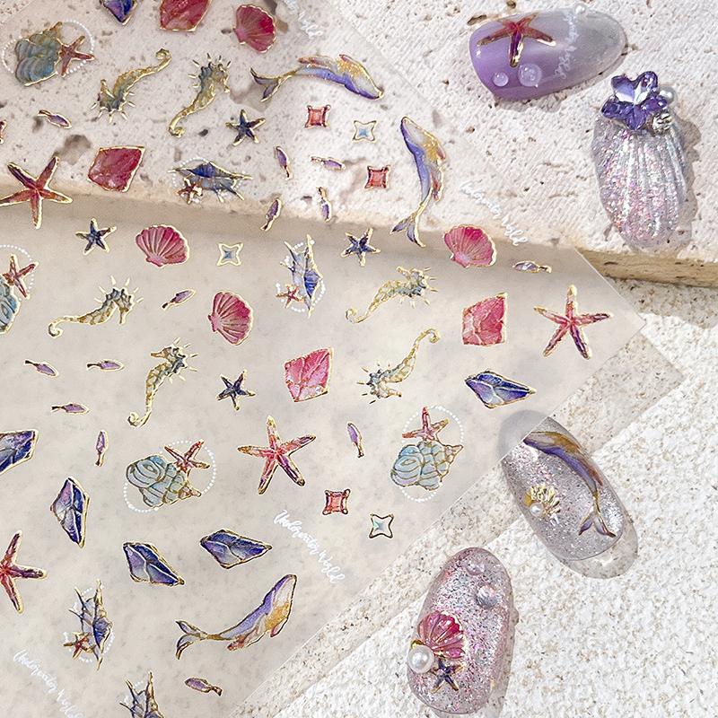 

5D летние наклейки для ногтей с морскими ракушками, блестящие рельефные наклейки для ногтей со звездами, летние наклейки-декор для ногтей с ракушками, морскими коньками, китами