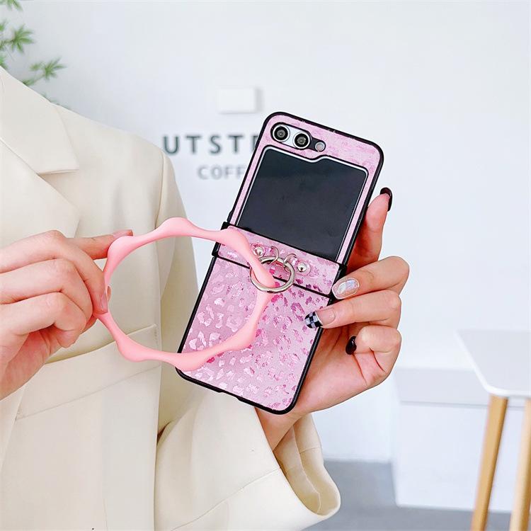 Compatible with Samsung ZFlip5 foldable phone case, zflip4 leopard print handle ring, back cover case, zflip3 protective cover