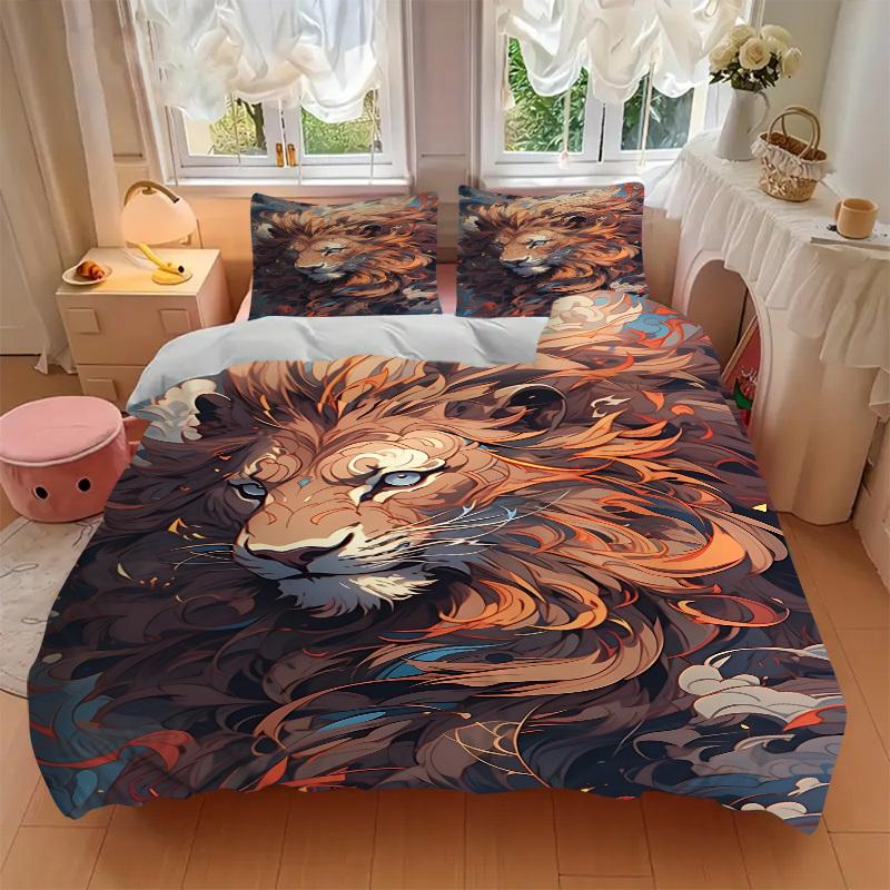 3pcs Lion Print Duvet Cover Set, Cover For Bedroom Guest Room (1 Duvet Cover + 2 Pillowcase, Without Quilt),  yy250922233