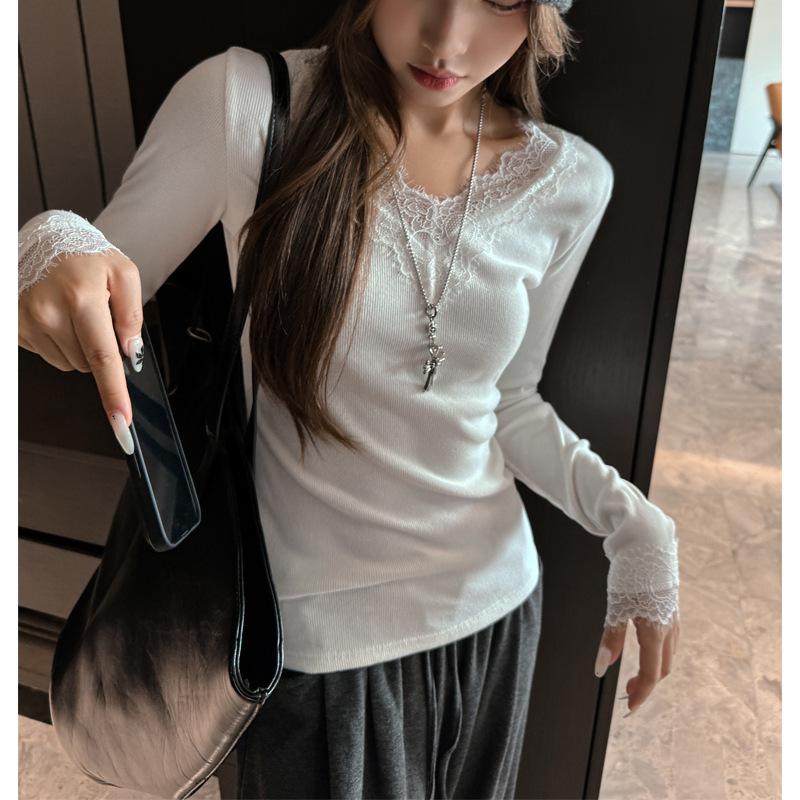 Jaro Podzim V-výstřih Krajkové Patchwork Jednobarevné Spodní Tričko Dámské Dlouhý Rukáv Slim Vše-k-sebe Ležérní Tričko Pulovr Top
