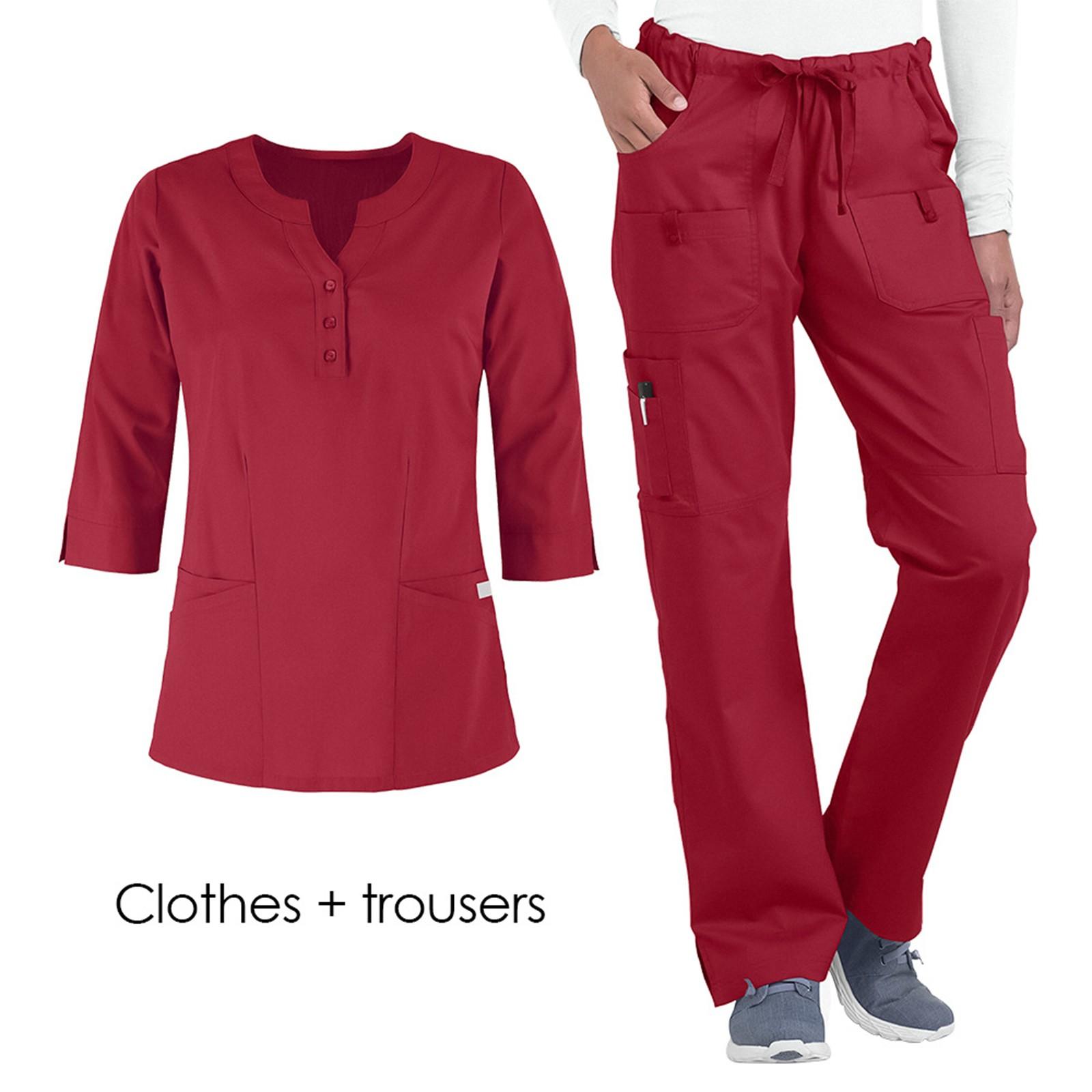 

Женский комплект из быстросохнущей ткани однотонный с V-образным вырезом, карманом и рукавом три четверти, брюки, рабочая одежда XL винный