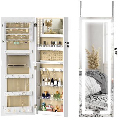 LED Mirror Jewellery Cabinet, Wall Mounted Full Length Mirror with Storage, Lockable Jewellery Organiser, White
