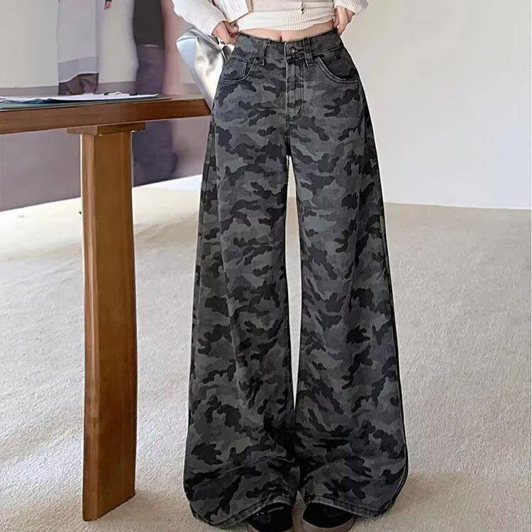 

Women s Camouflage High Waist Retro Wide Leg Jeans - Floor Length, Casual, Loose Fit for Autumn/Winter Large камуфляжный