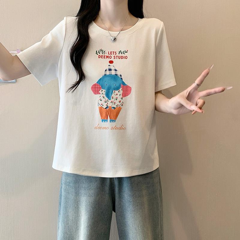 2026 New Arrival Plus Size Women's Cute Print Combed Cotton Loose Slimming Short Sleeve T-shirt