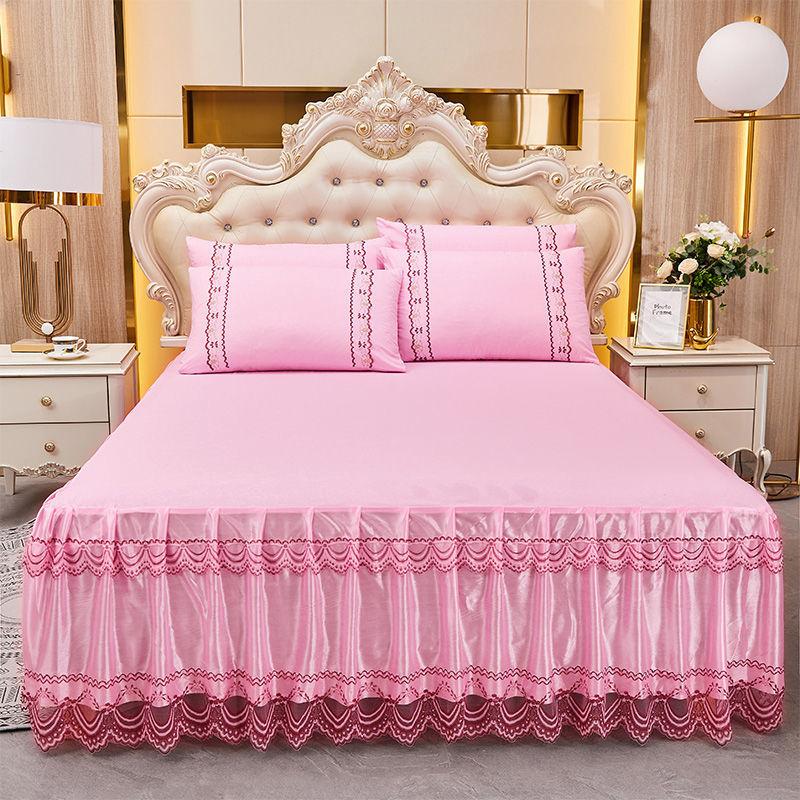 3pcs Bed Skirt Set (Bed Skirt * 1+pillowcase * 2, Without Core),Solid Color Double-Layer Lace Bed Sheet Bedspread, All Season Universal Bedding Set