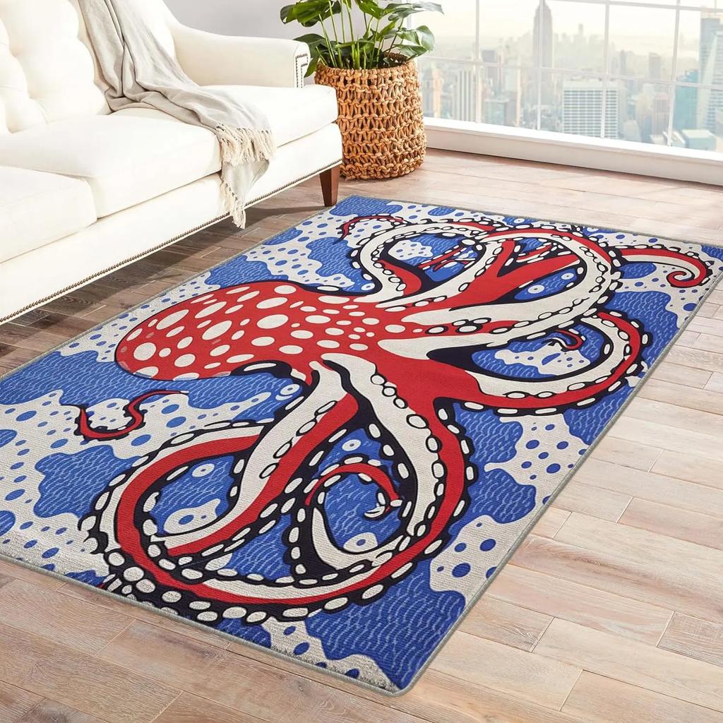 Sea Octopus Underwater World Watercolor Octopus Print Large Rug Modern Art Ocean Animals Decor Floor Mat Non-Slip Indoor Carpet