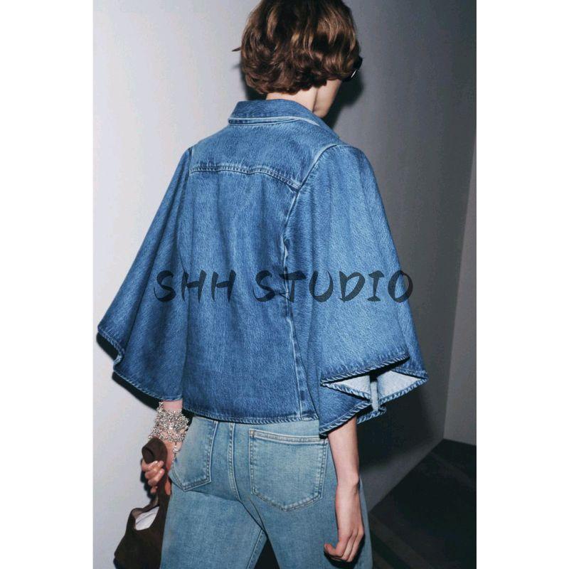 Autumn New Product Women Clothes Laminated Decorative Washing Effect Long Sleeve V-neck Leisure Demin Shirt 6840242
