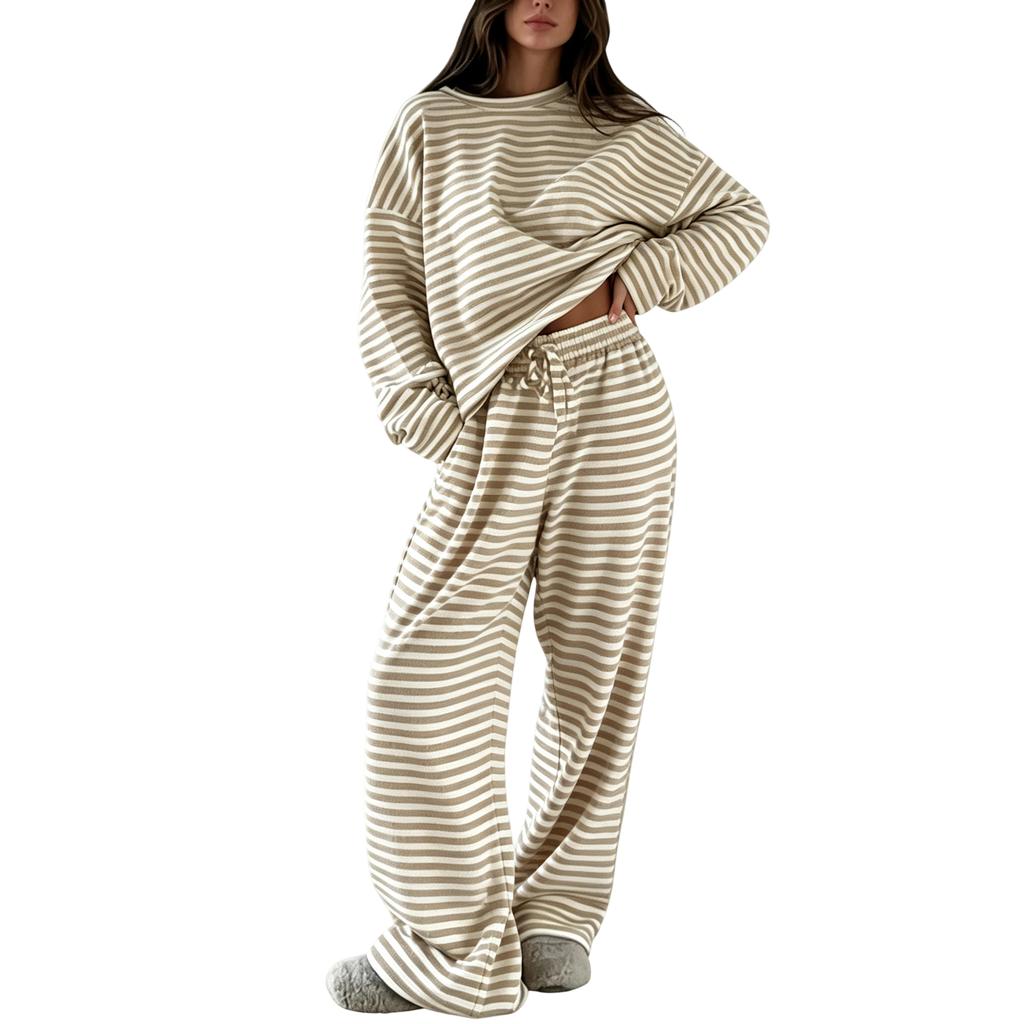 Women's Striped 2 Piece Set with Long Sleeve Top and High Waisted Pants