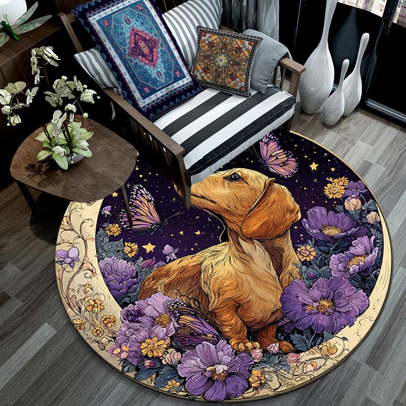Dachshund Butterflies Round Area Rug,Carpet Rug for Living Room Bedroom Sofa Playroom Decor,Non-slip Floor Mat