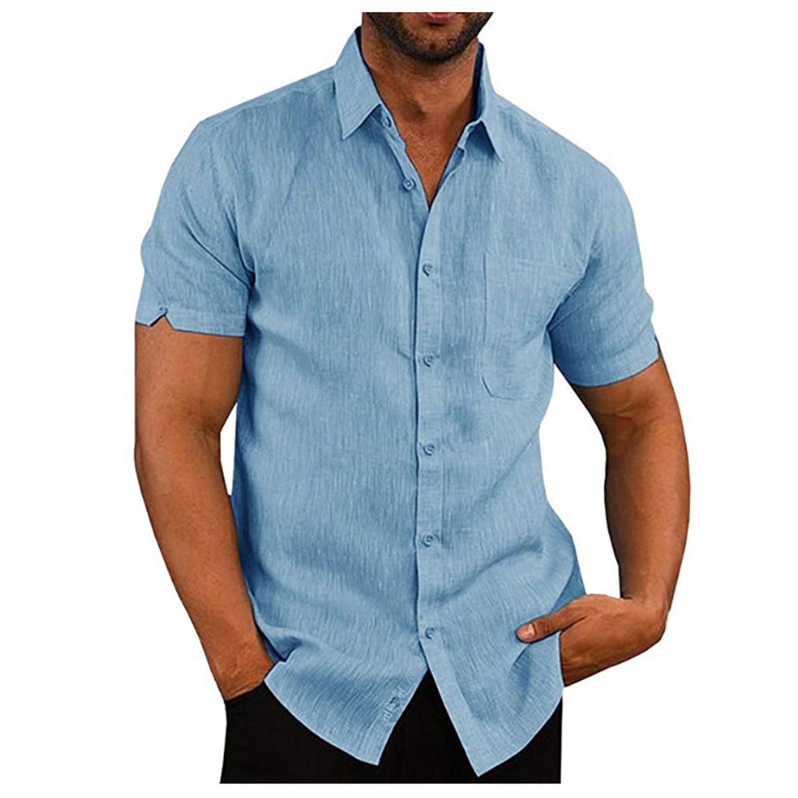 

Мужская льняная повседневная рубашка с короткими рукавами без воротника с воротником-стойкой, летний топ M синий