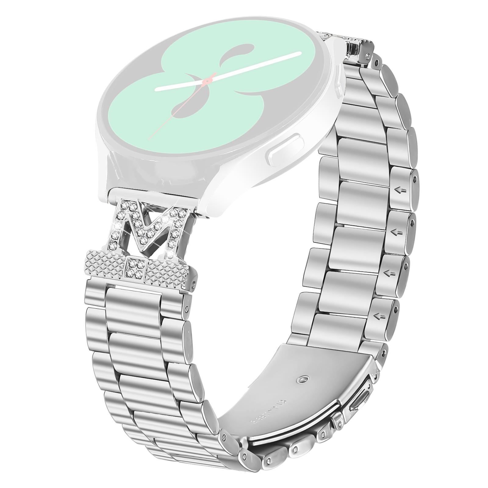 

For TicWatch 2 Watch Strap Rhinestones Decor 3-Bead Silver Stainless Steel Band As shown A