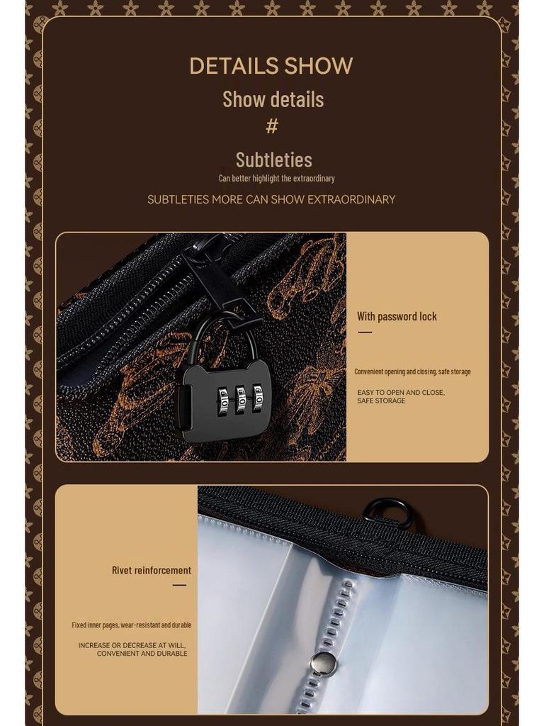 Large Capacity Savings Book & Receipt Holder with Combination Lock Zipper