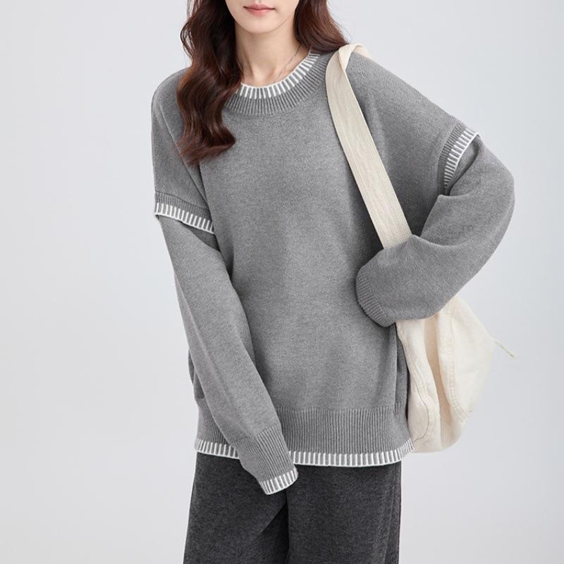 Crew Neck Knitted Pullover Sweater Women's Autumn and Winter New Contrasting Colors Simple and Versatile Loose Knitted Sweater Women