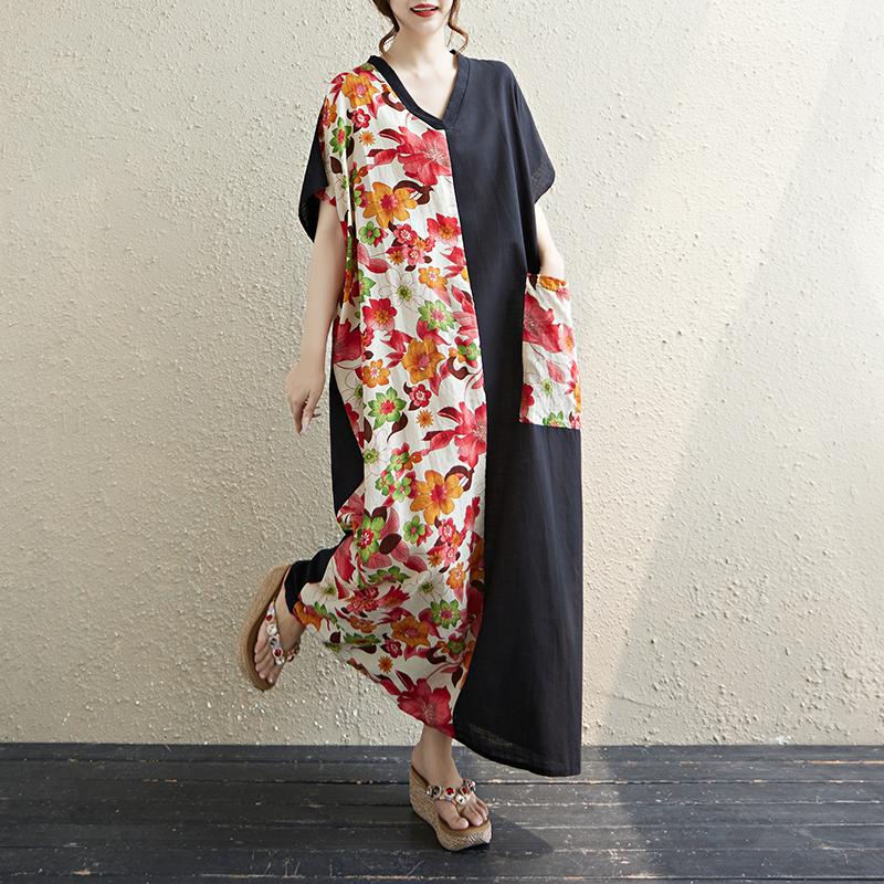 Krátký rukáv Nadměrná velikost Bavlna vintage květinové novinky v šatech pro ženy ležérní volné Maxi dlouhé letní šaty