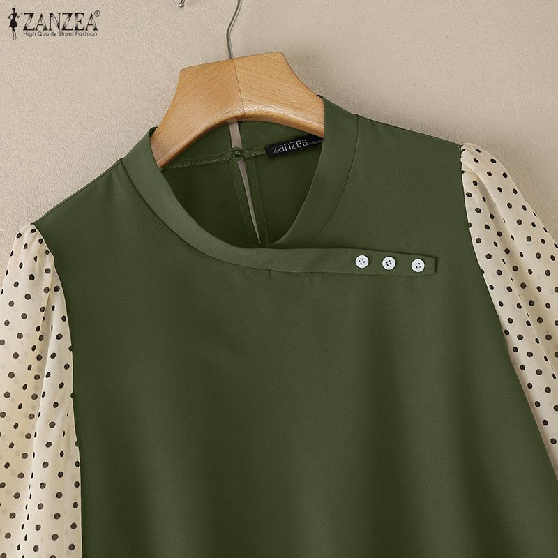 ZANZEA Women Casual Round Neck Polka Dot Print Splice 3/4 Sleeve Loose Blouse