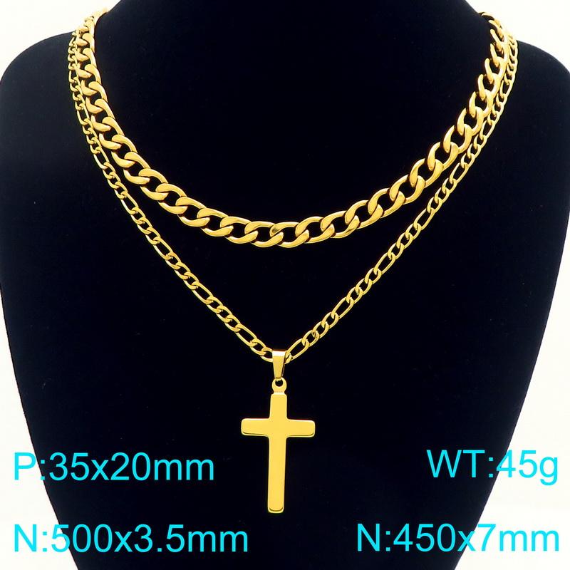 Double-Layer Stainless Steel Cross Pendant Necklaces for Men Metal Chain Religious Design Trendy Jewelry Daily Golden Accessory