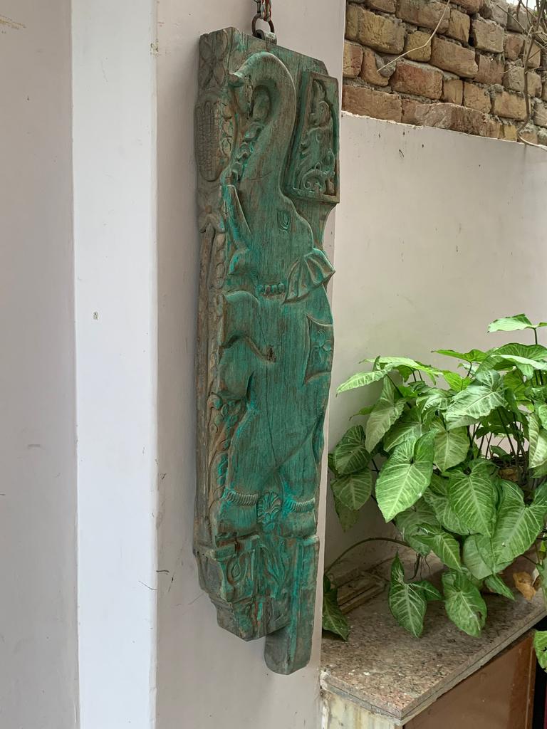Antique Indian Wooden Elephant Wall Panel: Rustic Architectural Decor