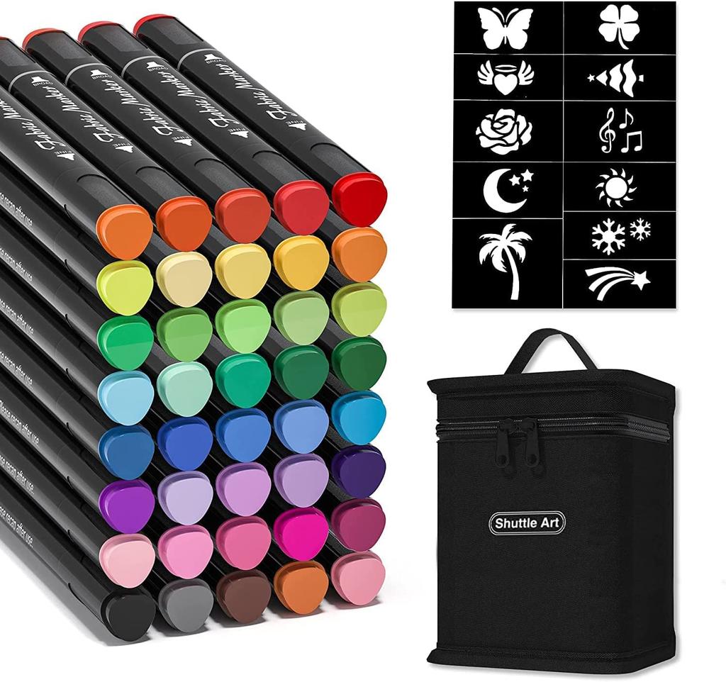Shuttle Art Fabric Pen Twin Type 40 Color Set Pen for Writing On Fabric Fabric Marker Stencil and Carrying Case Included Water Resistant Durable