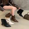 Pointed Low-heeled Black Small Short Boots Women's Shoes 2025 New Spring and Autumn Single Boots Retro Belt Buckle Medium Tube Pants Tube Boots