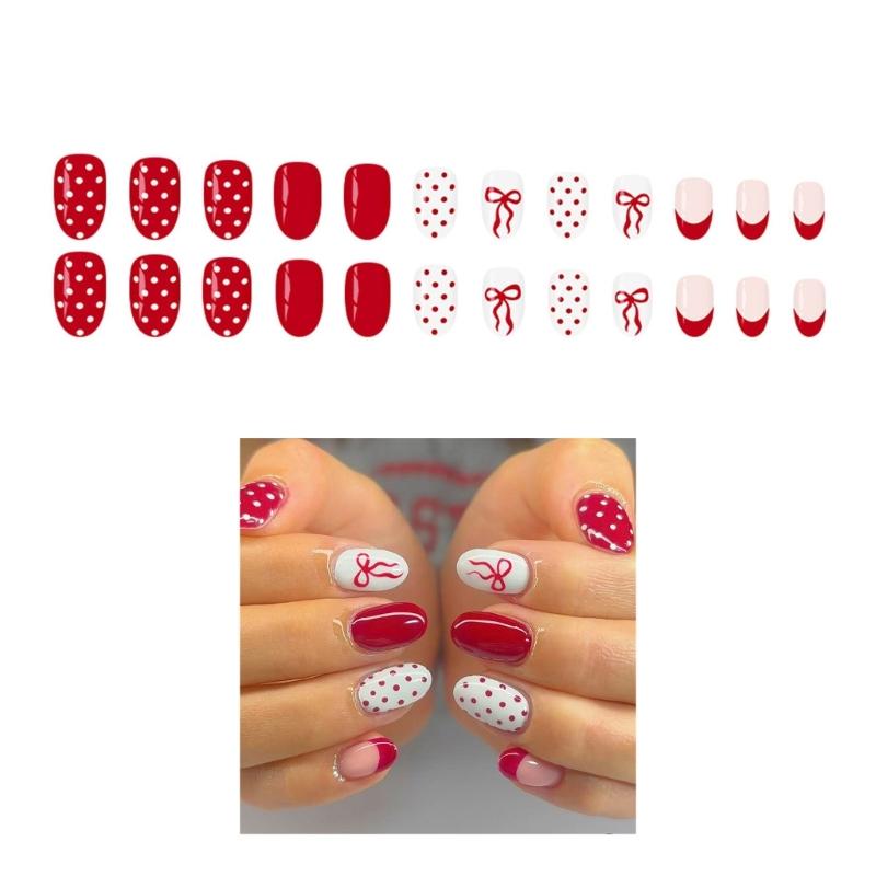 24Pcs French Manicure Fake Nail Red White Dotted Pattern Artificial Fingernails For Daily Use Special Party Wedding