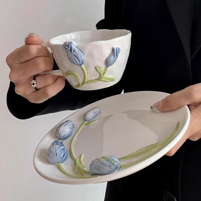 European Relief Ceramic Tulip Cup Afternoon Tea Dessert Pastry Tea Cup Painted Flowers Coffee Mug Couple's Water Cup Café Teapot
