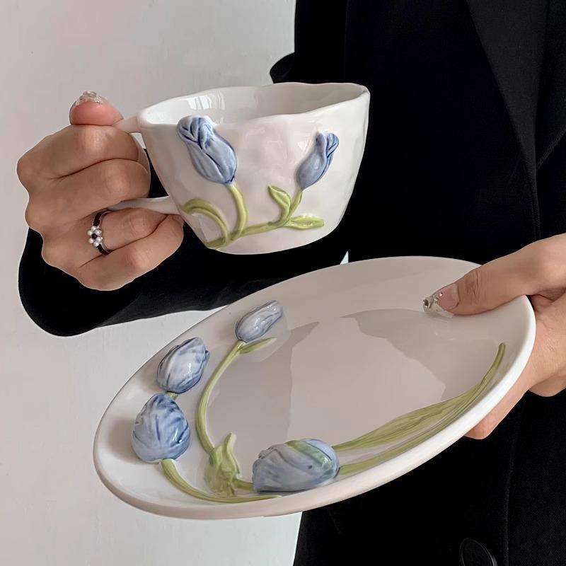 Tulpenbecher Geprägt Handbemalt Ins Style Tasse Kaffeetasse und Untertasse Keramiktasse Zuhause Kreative Wassertasse Teller