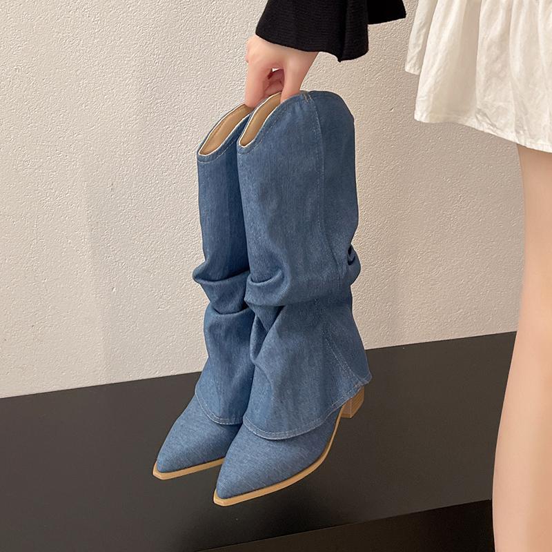Fashion Vintage Denim Women Western Cowboy Boots Fashion Thick Heel Knight Long Booties Autumn Winter Zapatos De Mujer