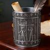Retro Egyptian Embossed Pen Stand Cylinder Shape Alloy Pen Cup Desktop Organiser Storage Box for Office Desk Decoration