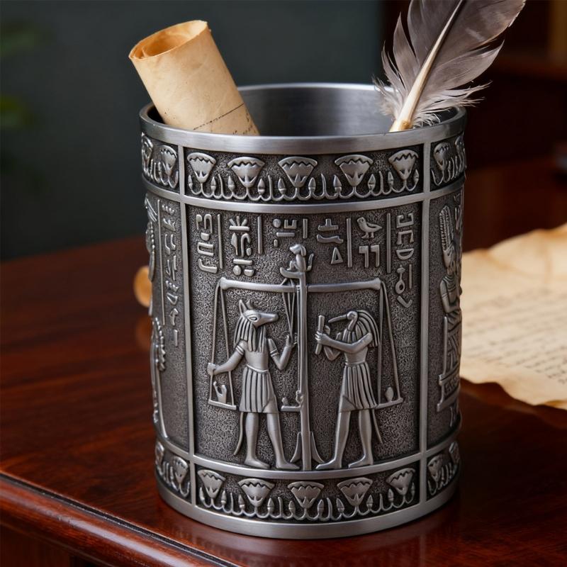 Retro Egyptian Embossed Pen Stand Cylinder Shape Alloy Pen Cup Desktop Organiser Storage Box for Office Desk Decoration
